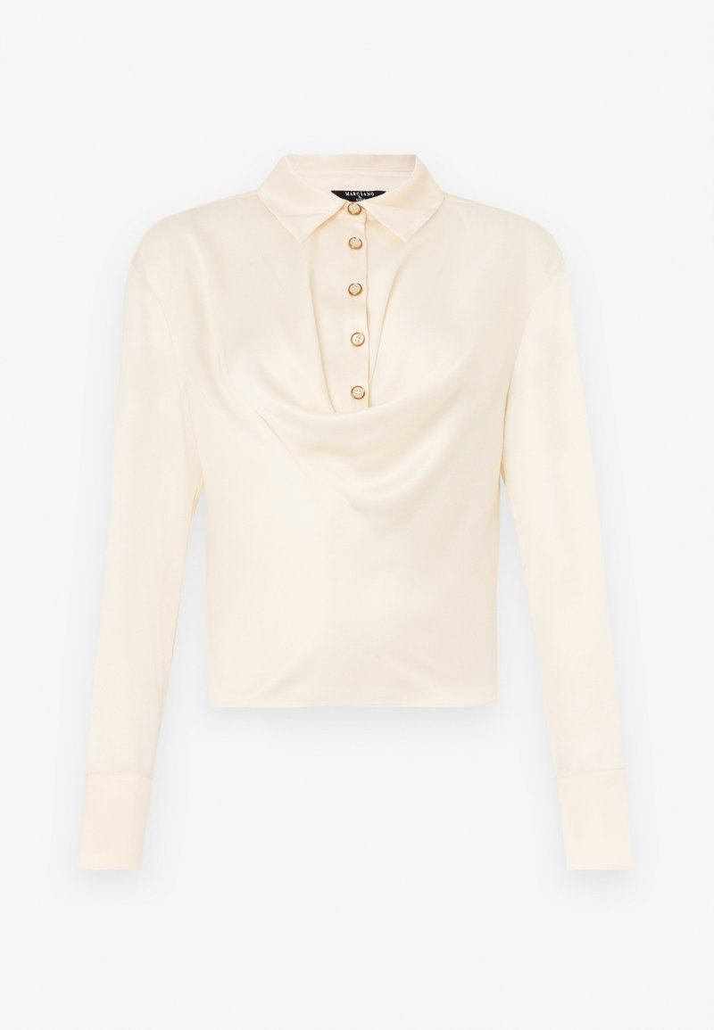 Langärmlige, hellcremefarbene Bluse mit einem Kragen und einer vorderen Leiste mit sechs runden, goldfarbenen Knöpfen sowie einem drapierten Stoffdesign.