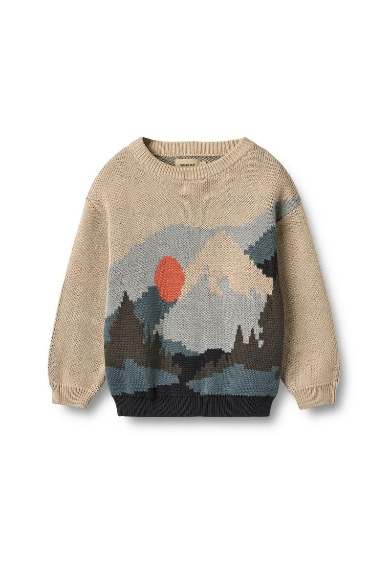 Beige Strickpullover mit Berg- und Sonnenmuster in Blau, Grün und Rost. Mit einem gerippten Rundhalsausschnitt und Bündchen. Weiche Textur.