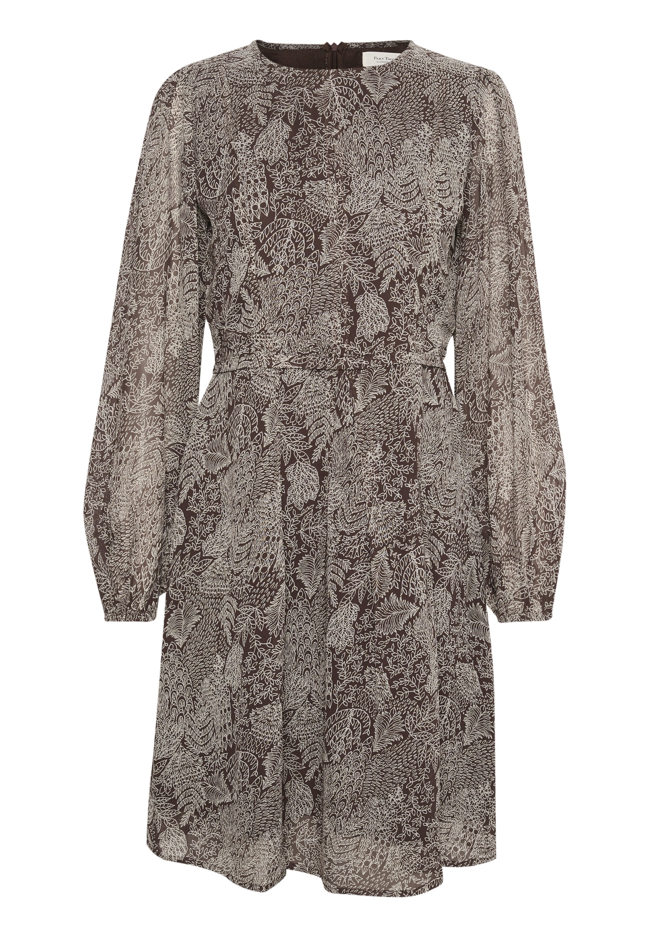 Braun gemustertes Kleid mit langen Ärmeln, das ein aufwendiges weißes botanisches Design, einen runden Ausschnitt und eine taillierte Taille mit leichtem Ausstellen bietet.