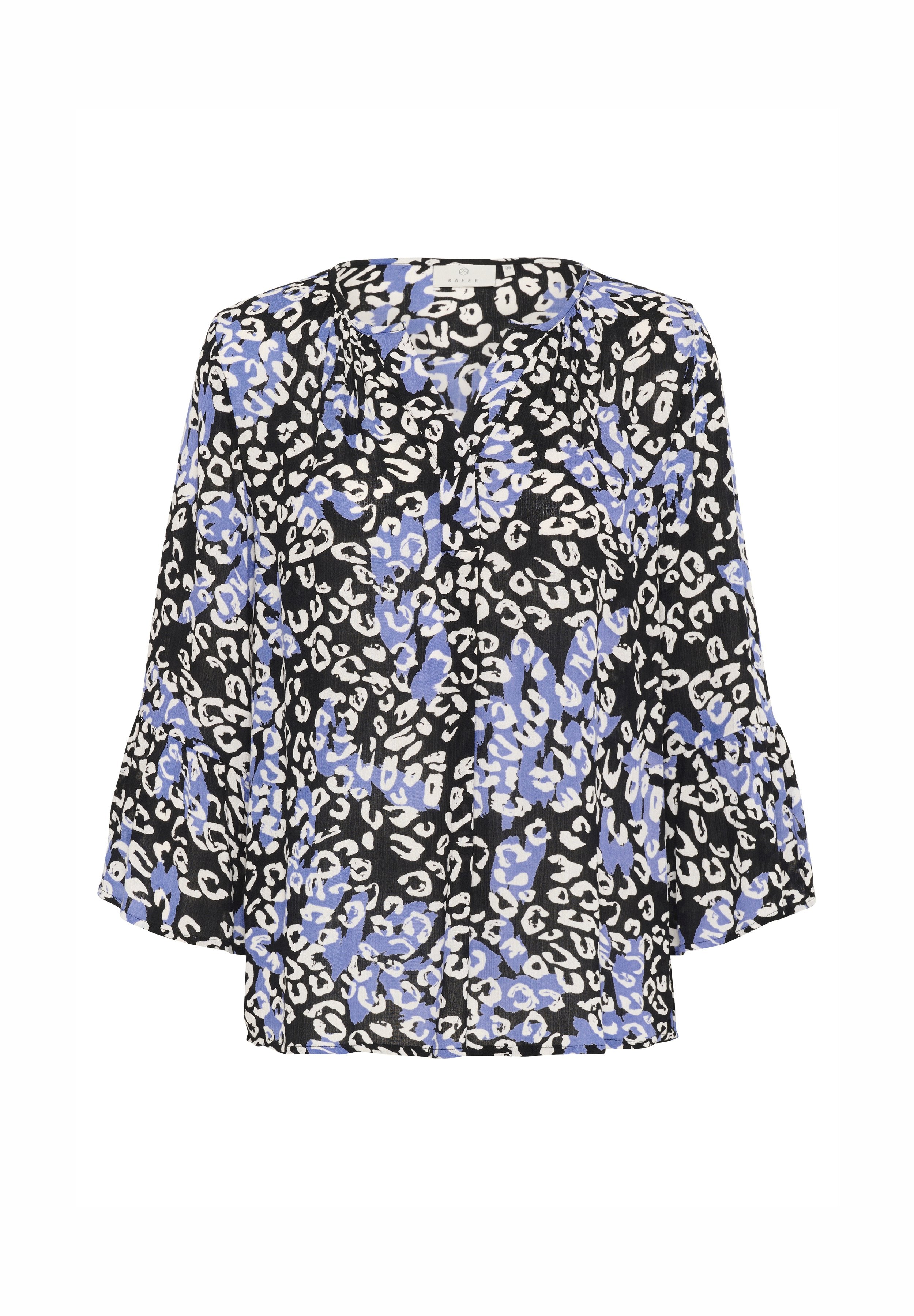 Schwarze Bluse mit blau-weißen Leopardenmustern, mit V-Ausschnitt, drei Viertel langen Glockenärmeln und einem lockeren Schnitt.