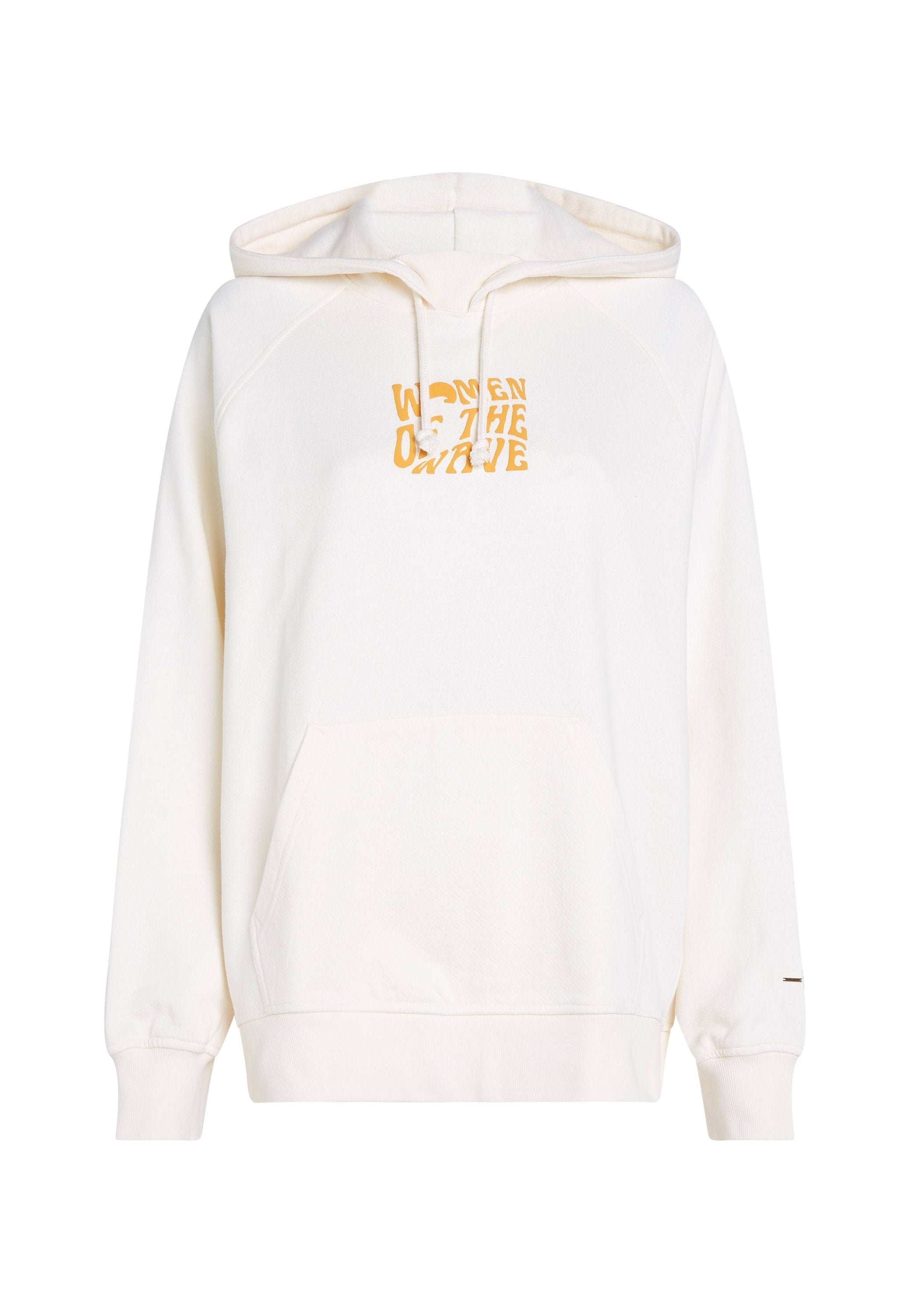 Cremefarbene Kapuzenjacke aus weichem Material, mit einer Fronttasche, Kordelzugkapuze und gelbem "WOMEN OF THE WAVE"-Grafik. Rippbündchen und Saum.
