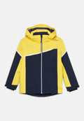 Gelb- und marineblaue wasserdichte Jacke mit einem vorderen Reißverschluss, Kapuze und diagonalen weißen Akzenten. Verfügt über lange Ärmel und ein entspanntes Design.