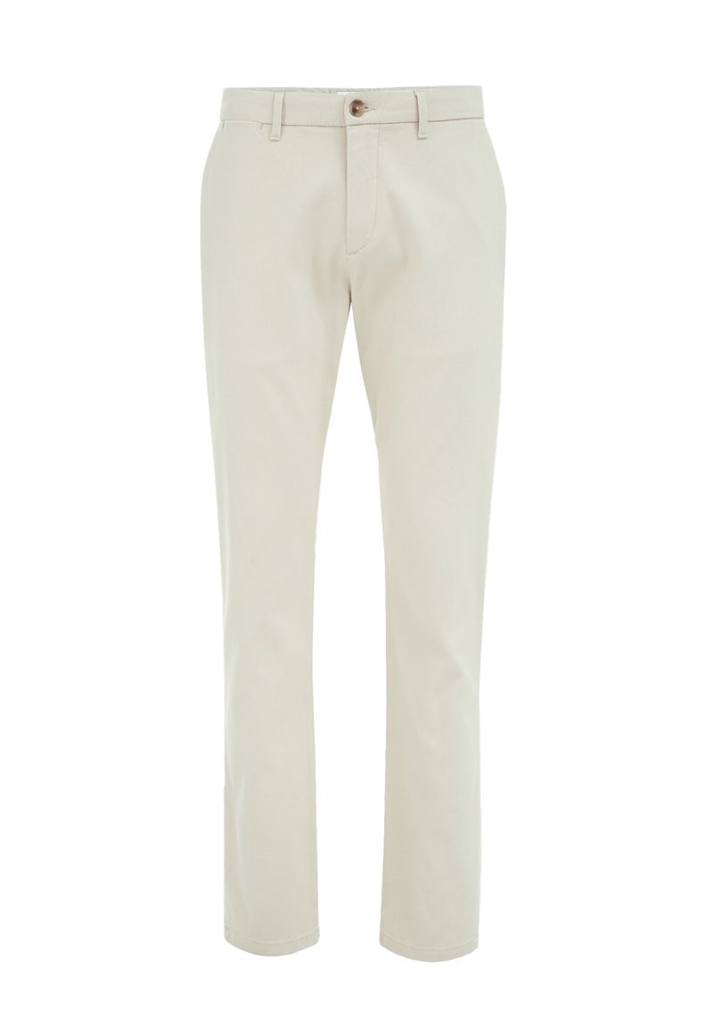 Helle beige Baumwollhose mit geradem Bein, ausgestattet mit einem Knopfverschluss und einer dezenten strukturierten Oberfläche.