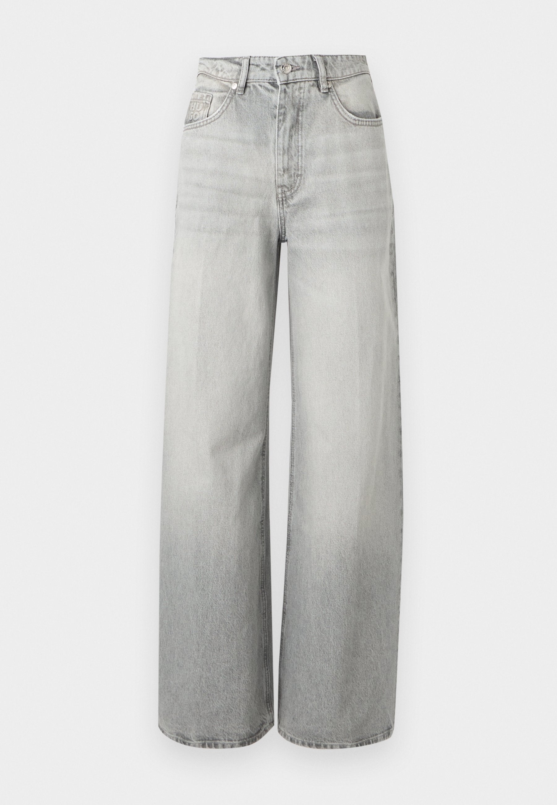Hoch taillierte Jeans mit weitem Bein in hellgrauem Denim mit Vorder- und Gesäßtaschen, Gürtelschlaufen und Knopfverschluss.