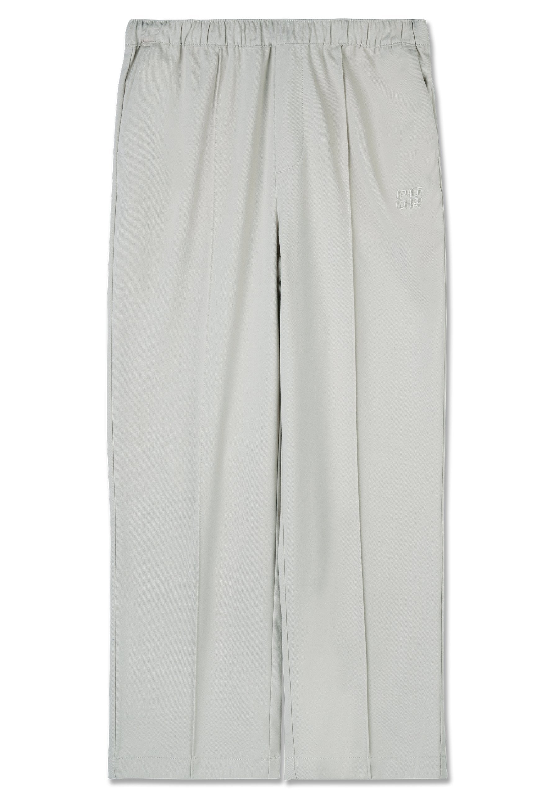 Hellegraue, leichte Hose mit einem elastischen Bund, ausgestattet mit Vorderfalten und dezentem Branding an der Seite. Glatte Textur und gerades Bein-Design.