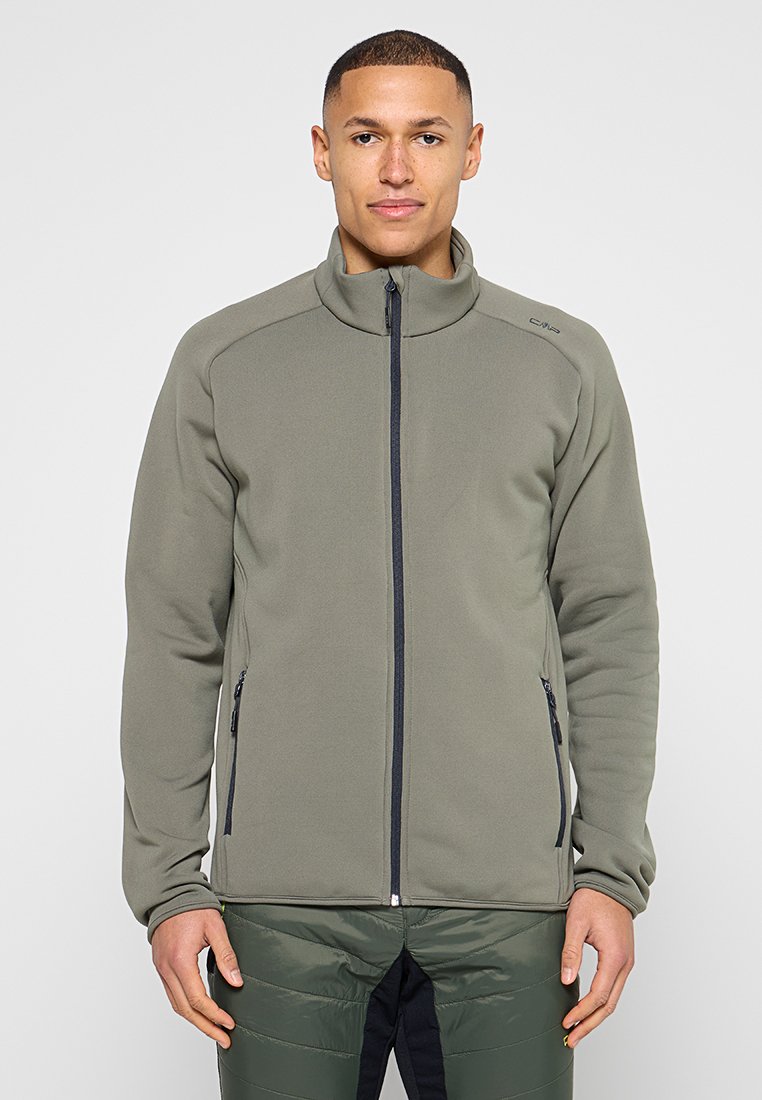 Herren-Fleecejacke mit Reißverschluss in Olivgrün. Weiche, glatte Textur, hoher Kragen und kontrastierender schwarzer Reißverschluss. Verfügt über zwei Seitentaschen.