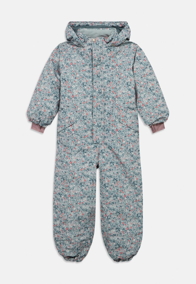 Ein einteiliger Anzug mit Blumenmuster in Hellblau, mit Kapuze, elastischen Bündchen und einem Reißverschluss vorne, aus weichem, gepolstertem Material.