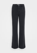 Schwarze Bootcut-Jeans mit einem strukturierten Schachbrettmuster, ausgestattet mit einem Metallknopfverschluss, zwei seitlichen Taschen und einem geraden Saum.