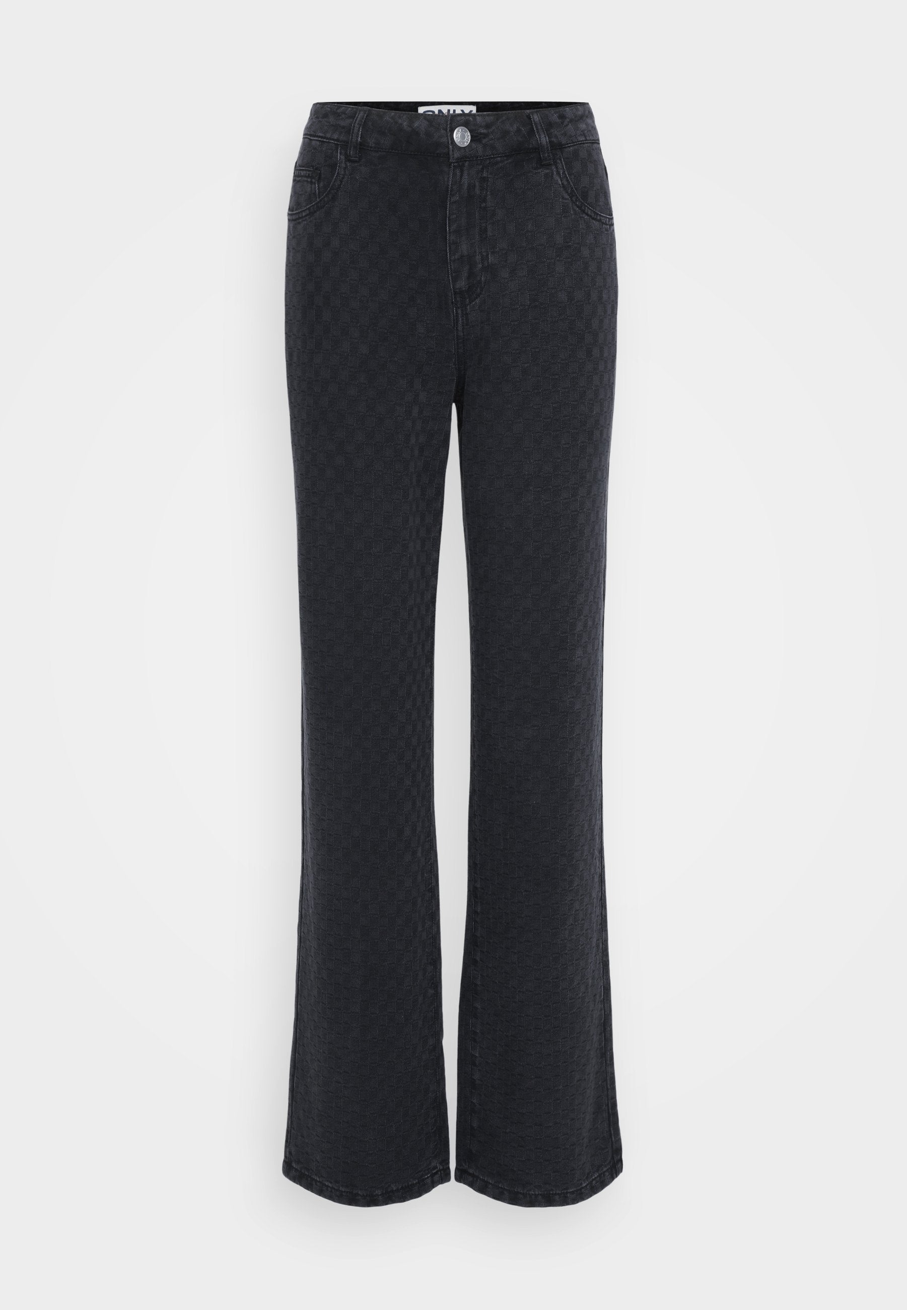 Schwarze Bootcut-Jeans mit einem strukturierten Schachbrettmuster, ausgestattet mit einem Metallknopfverschluss, zwei seitlichen Taschen und einem geraden Saum.