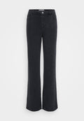 Schwarze Bootcut-Jeans mit einem strukturierten Schachbrettmuster, ausgestattet mit einem Metallknopfverschluss, zwei seitlichen Taschen und einem geraden Saum.