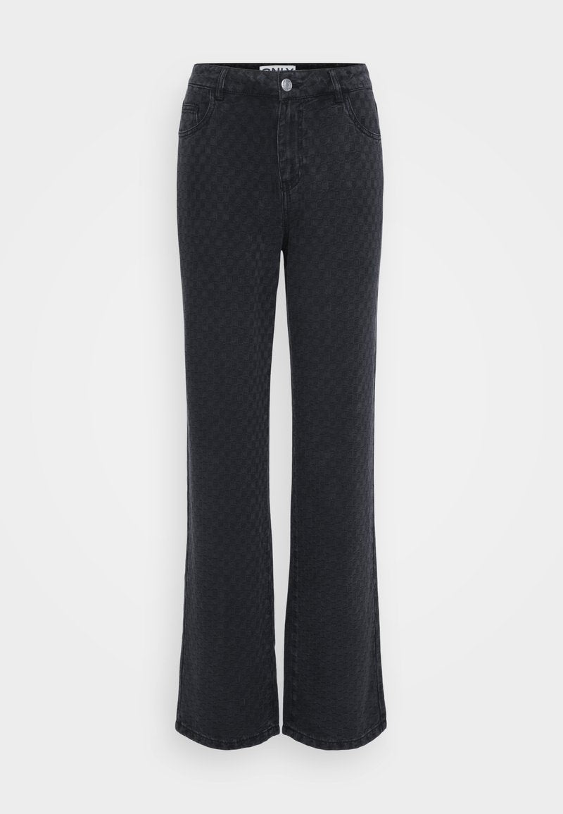 Schwarze Bootcut-Jeans mit einem strukturierten Schachbrettmuster, ausgestattet mit einem Metallknopfverschluss, zwei seitlichen Taschen und einem geraden Saum.
