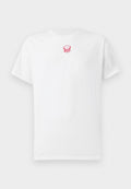 Weißes Baumwoll-T-Shirt mit kurzen Ärmeln, Rundhalsausschnitt und einem kleinen, rosafarbenen, gestickten Adlerdesign auf der Brust. Weicher Stoff.
