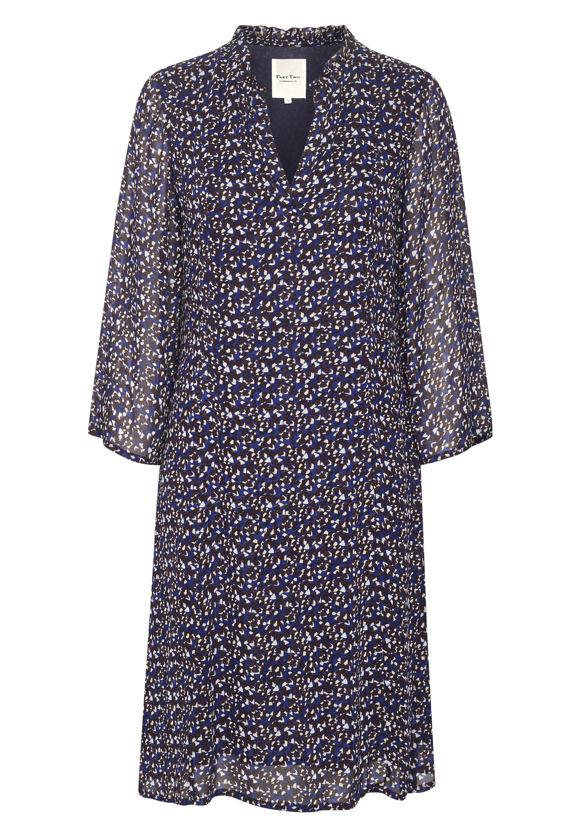 Blau und braun gemustertes knielanges Kleid mit Dreiviertelärmeln und V-Ausschnitt.