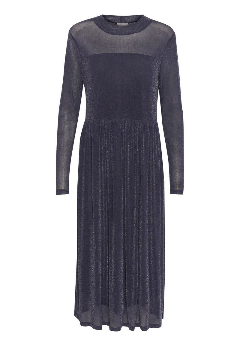 Navy Kleid mit langen Ärmeln, einer taillierten Passform und einem fließenden, plissierten Rock. Hergestellt aus einem transparenten, strukturierten Stoff mit dezentem Glanz.