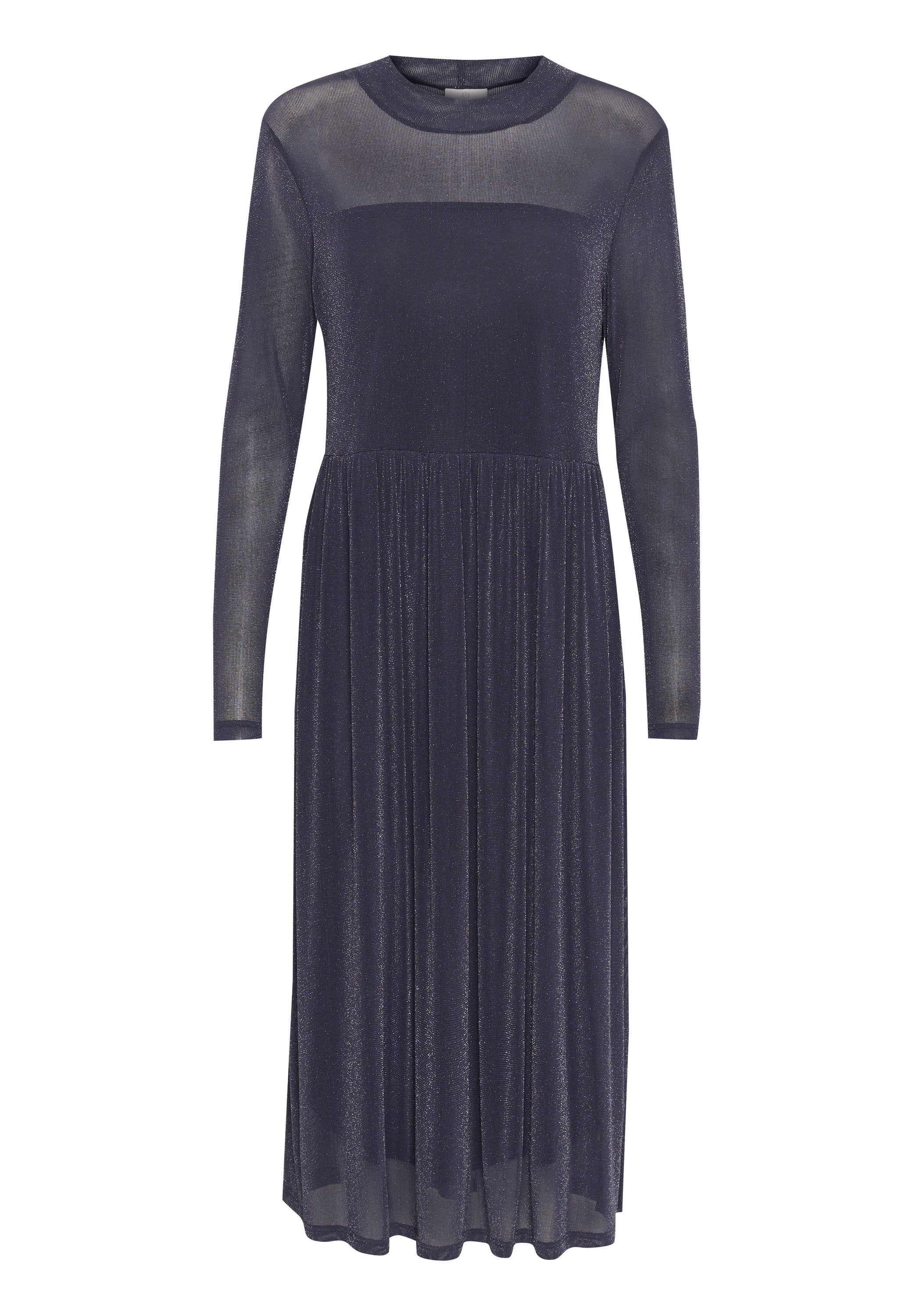 Navy Kleid mit langen Ärmeln, einer taillierten Passform und einem fließenden, plissierten Rock. Hergestellt aus einem transparenten, strukturierten Stoff mit dezentem Glanz.