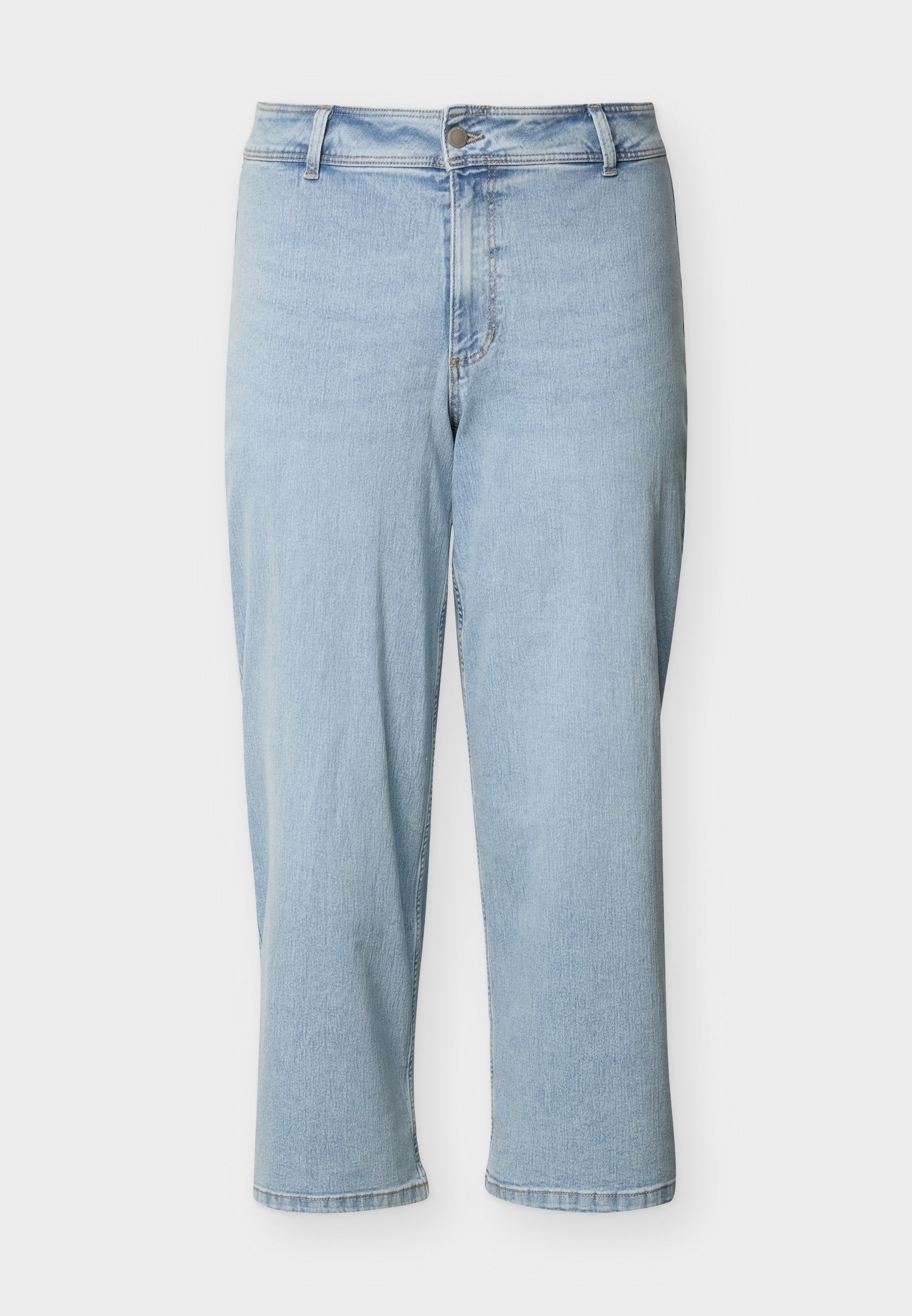 Hellblaue, hoch taillierte Jeans mit geradem Bein, Knopf- und Reißverschluss, Gürtelschlaufen und gekürzter Knöchellänge.