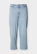Hellblaue, hoch taillierte Jeans mit geradem Bein, Knopf- und Reißverschluss, Gürtelschlaufen und gekürzter Knöchellänge.