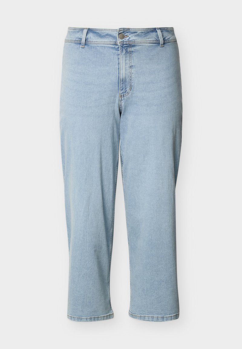 Hellblaue, hoch taillierte Jeans mit geradem Bein, Knopf- und Reißverschluss, Gürtelschlaufen und gekürzter Knöchellänge.