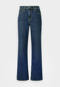 Weit geschnittene blaue Jeans aus Denim mit hoher Taille, goldenen Nähten, Knopfverschluss und Fünf-Taschen-Design. Glatte Textur, leicht ausgewaschener Look.