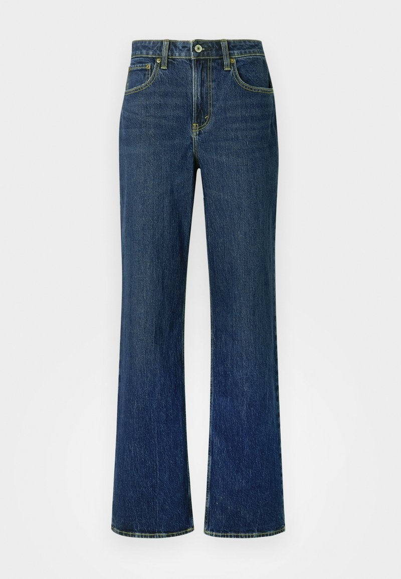 Weit geschnittene blaue Jeans aus Denim mit hoher Taille, goldenen Nähten, Knopfverschluss und Fünf-Taschen-Design. Glatte Textur, leicht ausgewaschener Look.