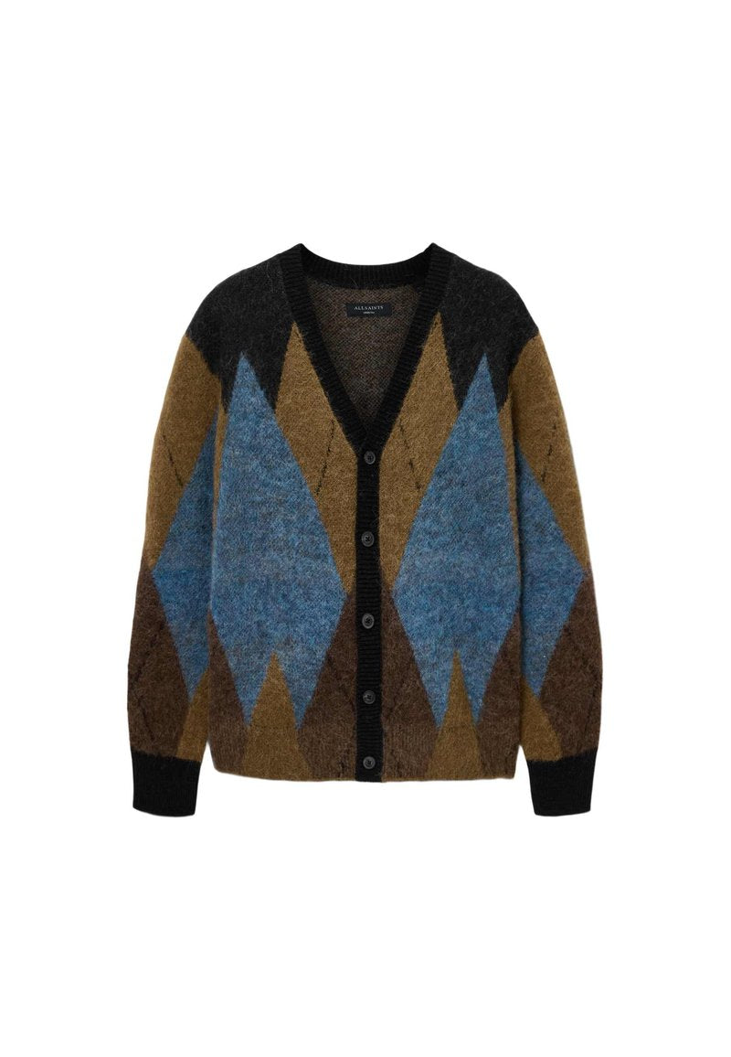 Geknöpfter Cardigan mit blau-braunem Rautenmuster, schwarzen gerippten Bündchen und Kragen sowie V-Ausschnitt von der Marke AllSaints.