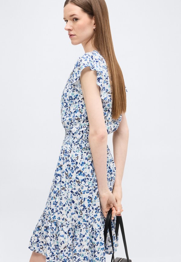 DKNY FLUTTER SLEEVE SMOCKED WAIST V NECK DRESS INSETS