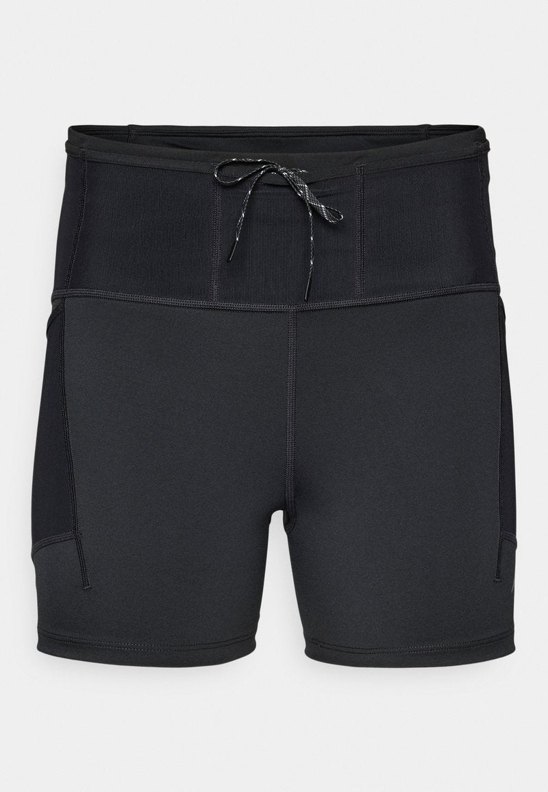 Schwarze Sportshorts mit hohem Bund, strukturiertem oberen Panel und Kordelzug. Verfügt über Flachnähte und Seitentaschen.