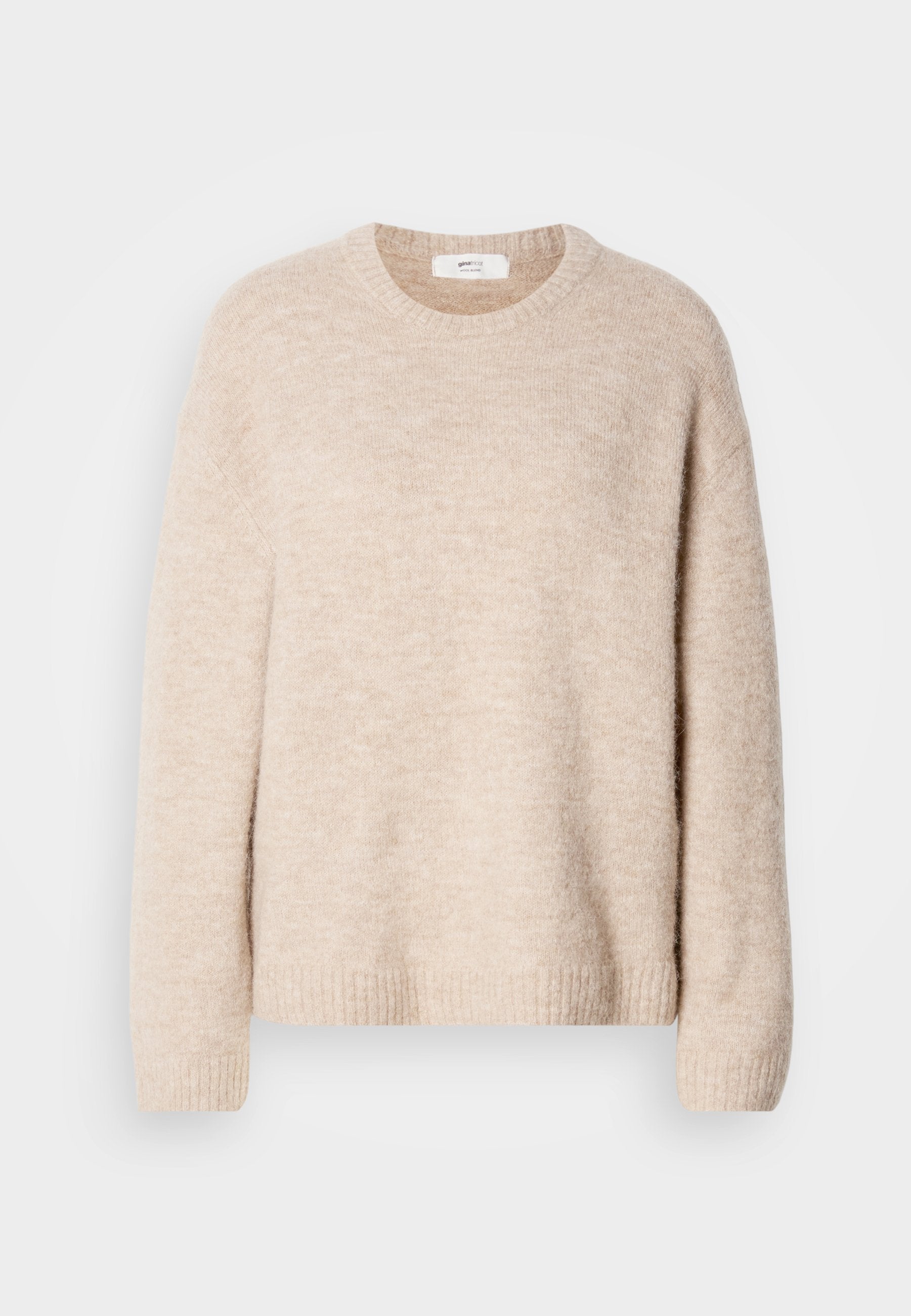 Beige Strickpullover mit Rundhalsausschnitt, langen Ärmeln und geripptem Saum. Weicher, strukturierter Stoff mit lässiger Passform.