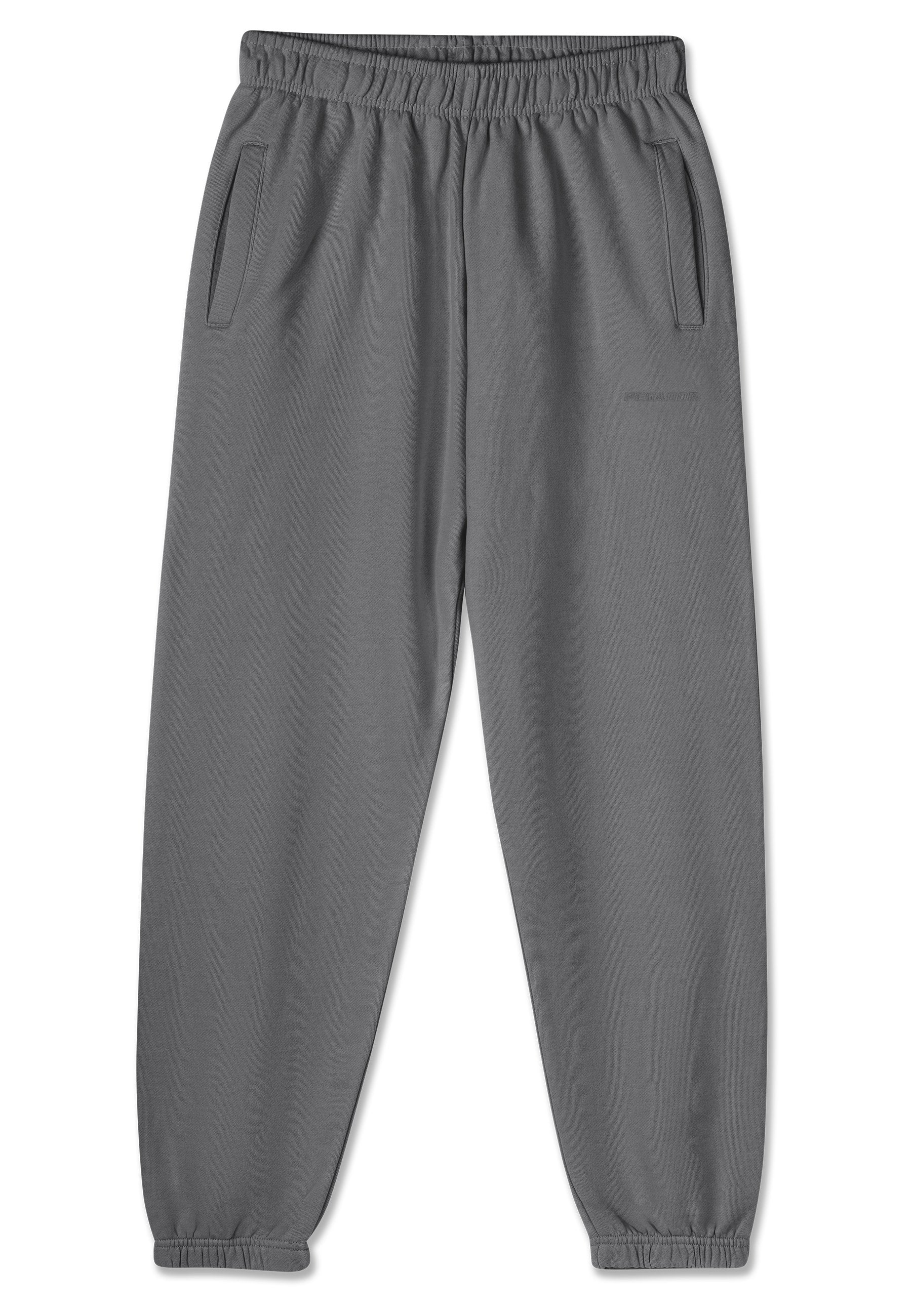 Graue Sweatpants aus weichem Stoff, ausgestattet mit einem elastischen Bund, Bündchen an den Knöcheln und zwei Seitentaschen zur Aufbewahrung.