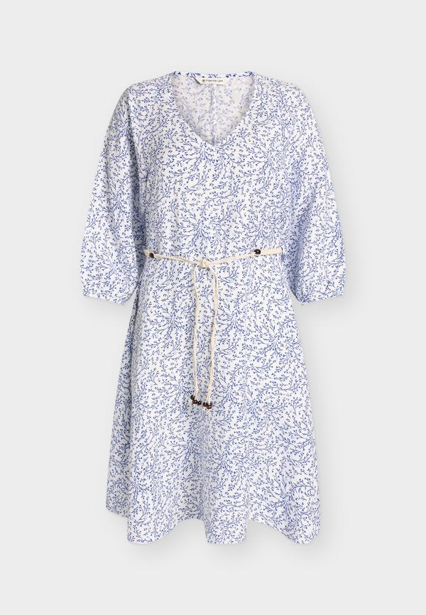 TOM TAILOR DRESS LINEN WITH PUFF SLEEVES - Day dress - white small leaves design