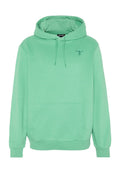 Hellgrüner Pullover mit Kapuze, Kängurutasche vorne, Kordelzug an der Kapuze, gerippte Bündchen und kleinem dunklem Logo auf der linken Brust.