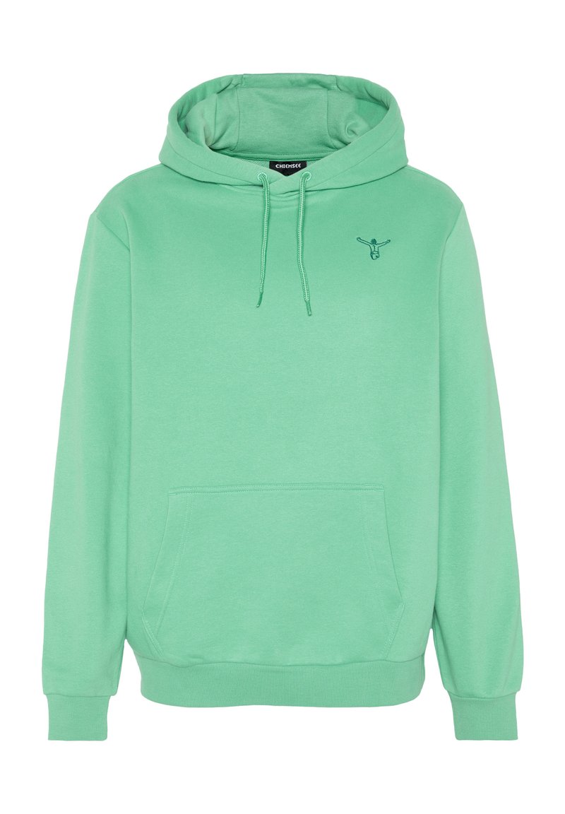 Hellgrüner Pullover mit Kapuze, Kängurutasche vorne, Kordelzug an der Kapuze, gerippte Bündchen und kleinem dunklem Logo auf der linken Brust.