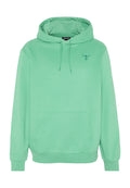 Hellgrüner Pullover mit Kapuze, Kängurutasche vorne, Kordelzug an der Kapuze, gerippte Bündchen und kleinem dunklem Logo auf der linken Brust.