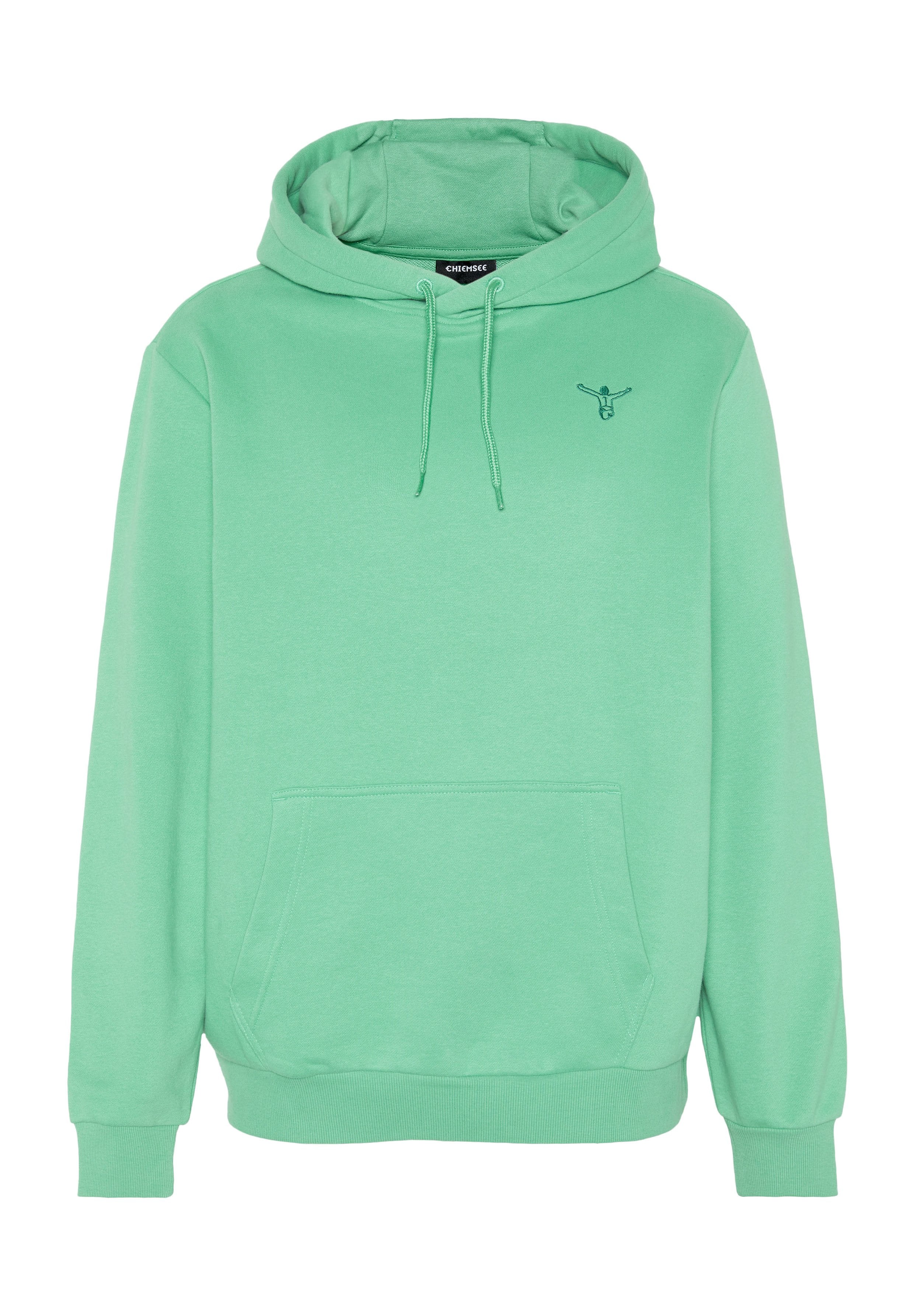 Hellgrüner Pullover mit Kapuze, Kängurutasche vorne, Kordelzug an der Kapuze, gerippte Bündchen und kleinem dunklem Logo auf der linken Brust.