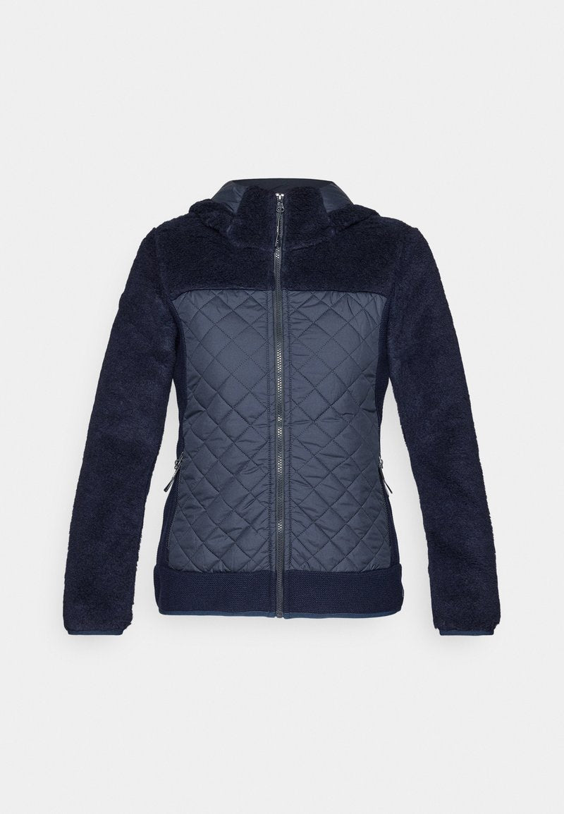 Dunkelblaue Jacke aus gestepptem und flauschigem Material, mit einem Reißverschluss vorne, Kapuze und seitlichen Taschen, die Texturen und Materialien vereint.