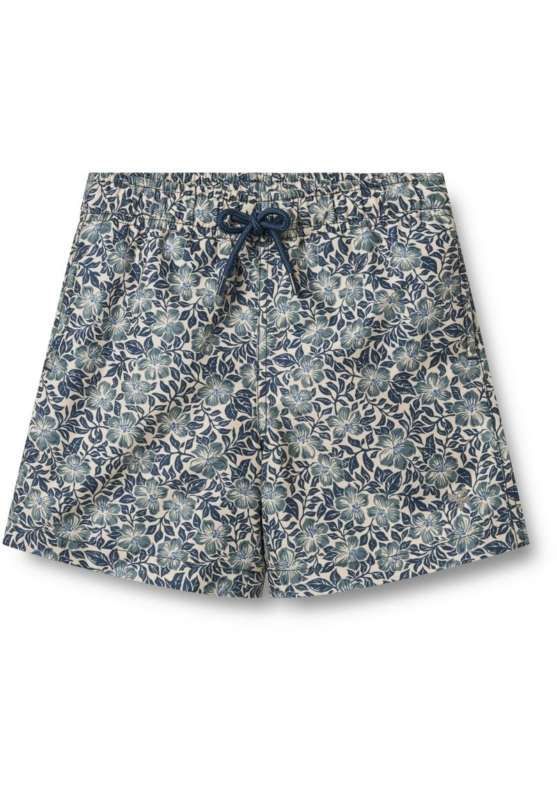 Blumenbadshorts mit einem blau-grünen Blatt- und Blumenmuster auf einem hellen Hintergrund, elastischem Bund und Kordelzug.