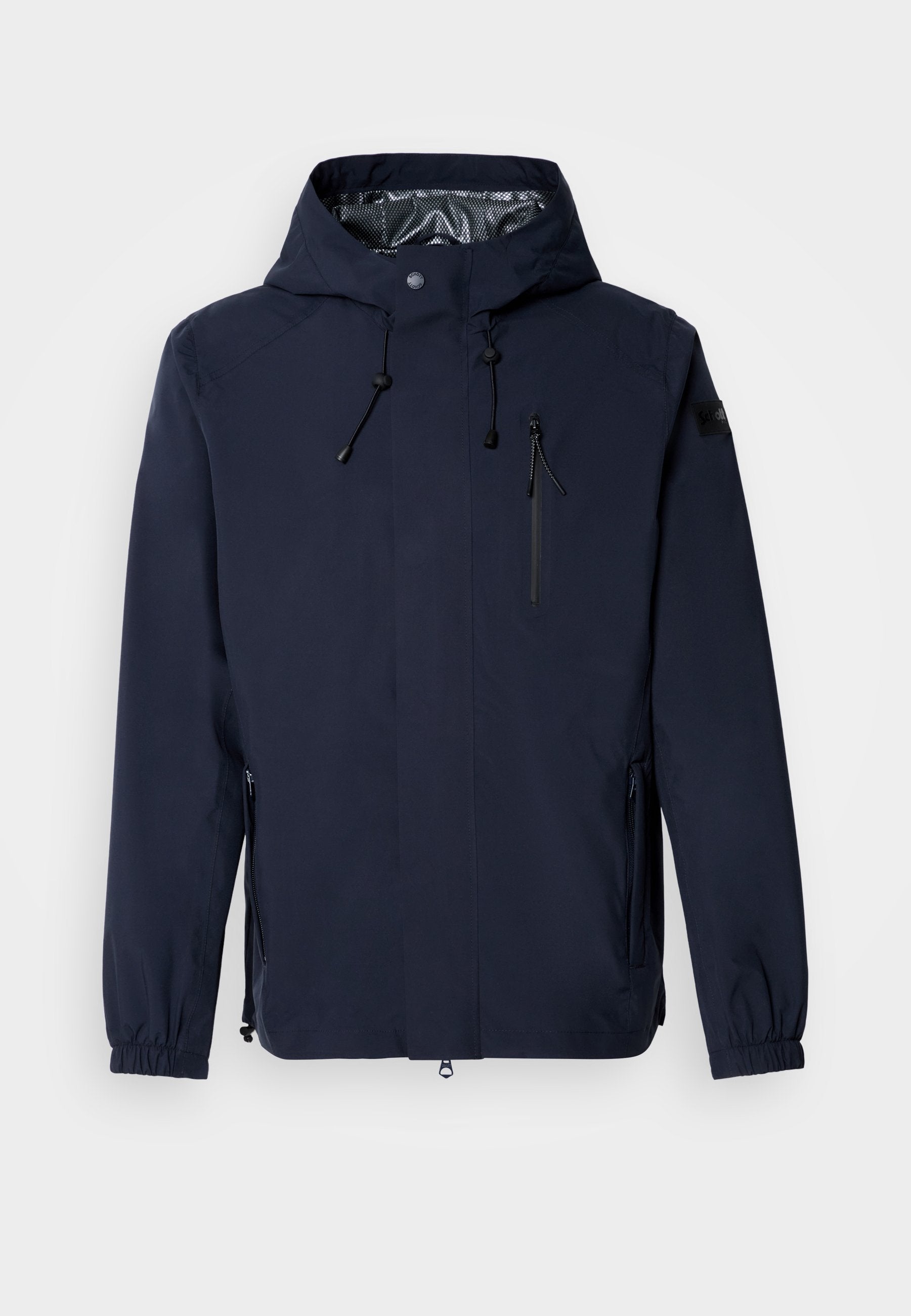Navyblauer wasserdichter Jacke mit Kapuze, verstellbaren Zugbändern, Reißverschluss-Brusttasche und elastischen Ärmelbündchen. Glattes, leichtes Material.