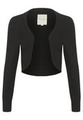 Schwarze, kurze Strickjacke aus weichem Strickstoff mit offenem Vorderteil, langen Ärmeln und gerippten Akzenten an den Rändern.