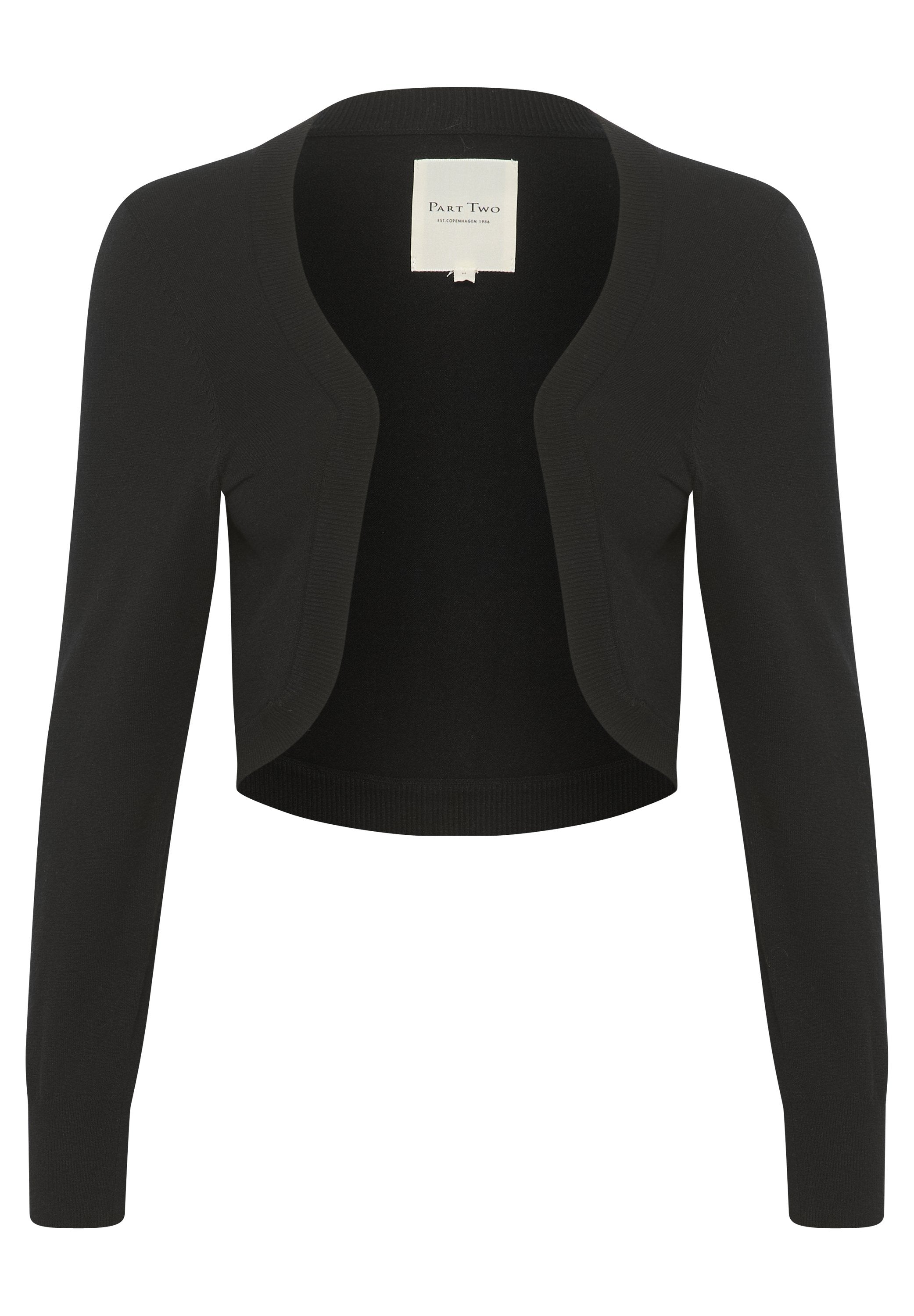Schwarze, kurze Strickjacke aus weichem Strickstoff mit offenem Vorderteil, langen Ärmeln und gerippten Akzenten an den Rändern.