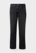 Schwarze Denim-Jeans mit geradem Schnitt, ausgestattet mit einem Knopf- und Reißverschluss, fünf Taschen und Kupferbeschlägen.