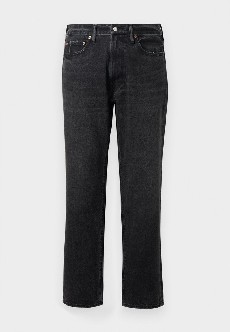 Schwarze Denim-Jeans mit geradem Schnitt, ausgestattet mit einem Knopf- und Reißverschluss, fünf Taschen und Kupferbeschlägen.