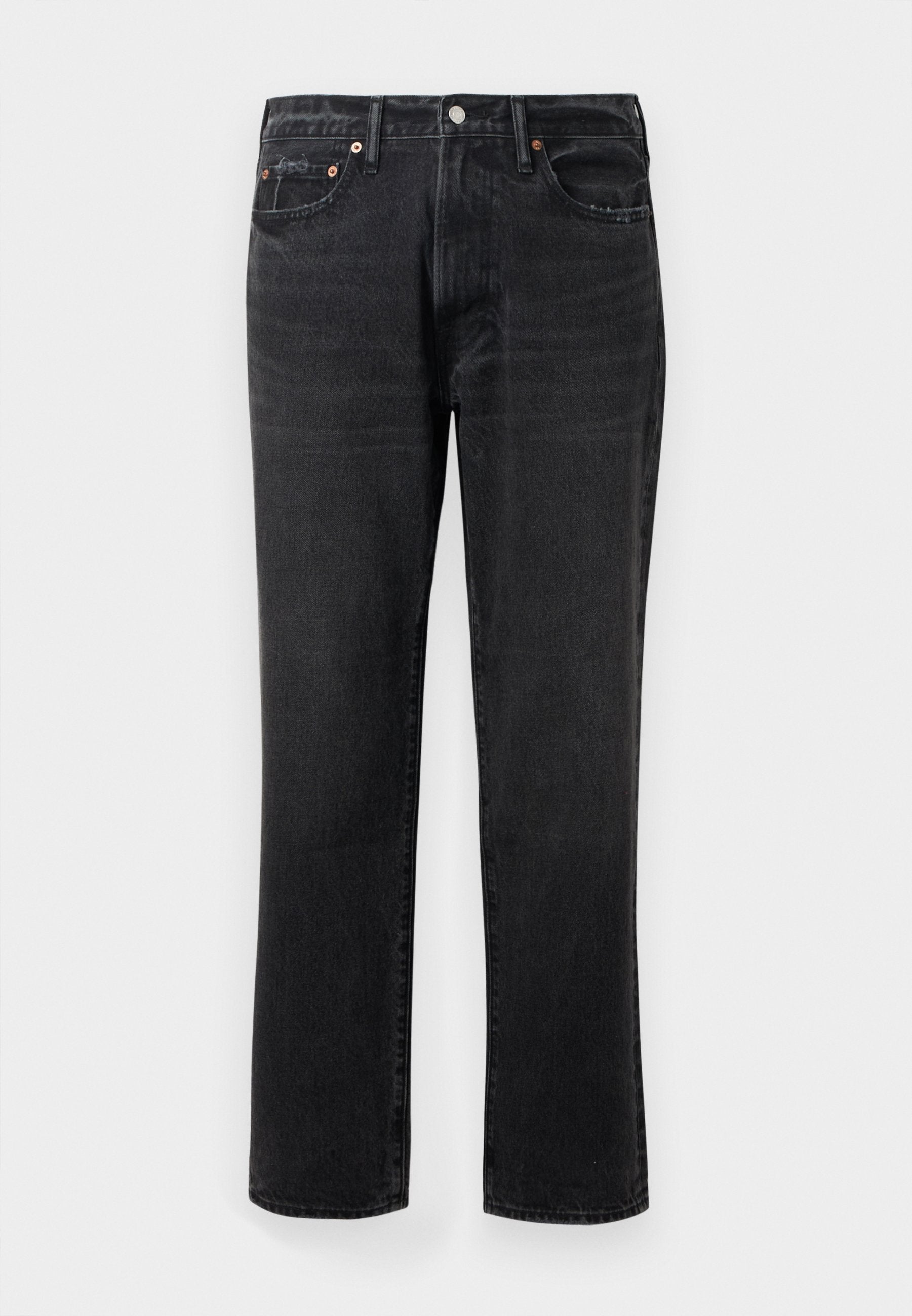 Schwarze Denim-Jeans mit geradem Schnitt, ausgestattet mit einem Knopf- und Reißverschluss, fünf Taschen und Kupferbeschlägen.