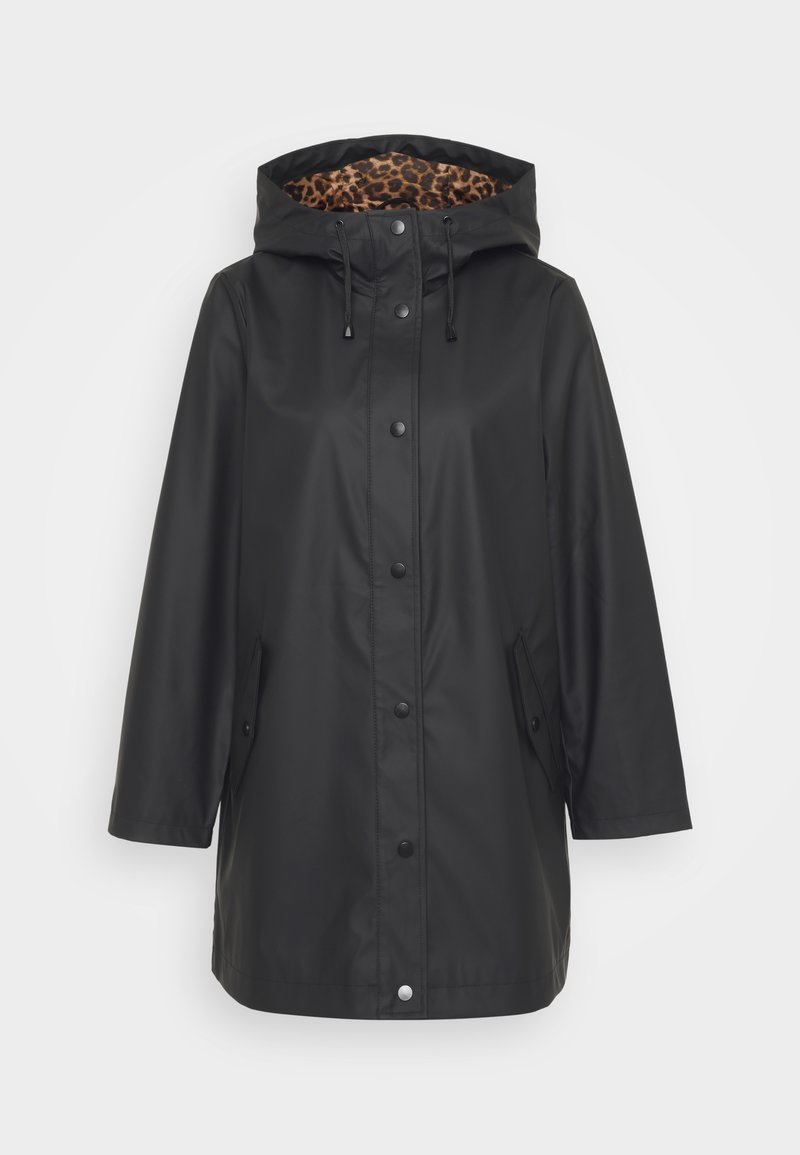 Schwarze wasserdichte Jacke mit Kapuze, Druckknöpfen, zwei Seitentaschen und einem Leo-Print-Futter. Glatte Textur und mittellanges Design.