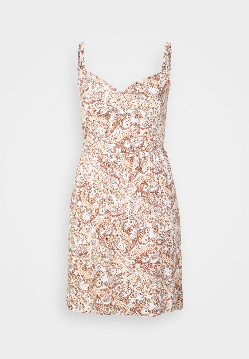 Gemustertes Kleid mit Spaghettiträgern, das ein florales Paisley-Muster in Creme, Orange und Braun zeigt. Verstellbare Träger, taillierter Oberteil, ausgestellt Rock.