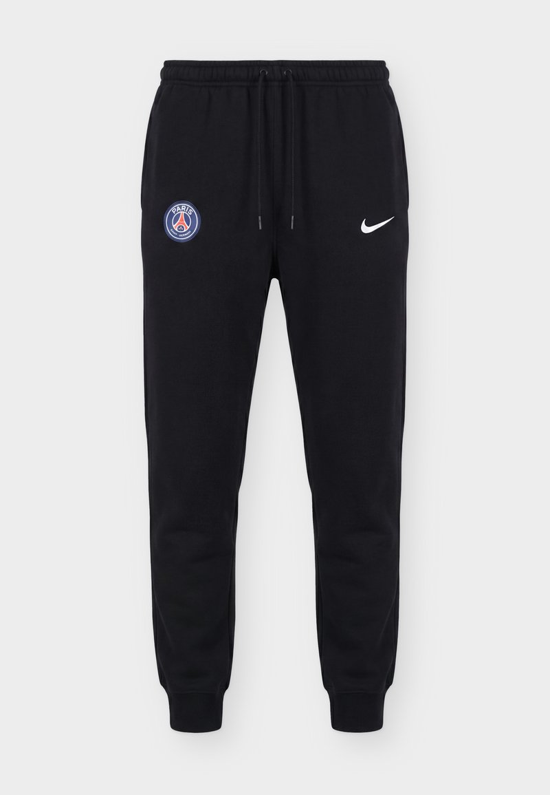 Schwarze Jogginghose mit Paris Saint-Germain-Logo am linken Oberschenkel und weißem Nike-Swoosh am rechten Oberschenkel, elastischem Bund mit Kordelzug.