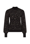 Schwarzer Pullover mit floralem Muster aus metallischem Garn. Hoher Kragen, lange Ärmel und gerippte Manschetten. Weiche Strickqualität.