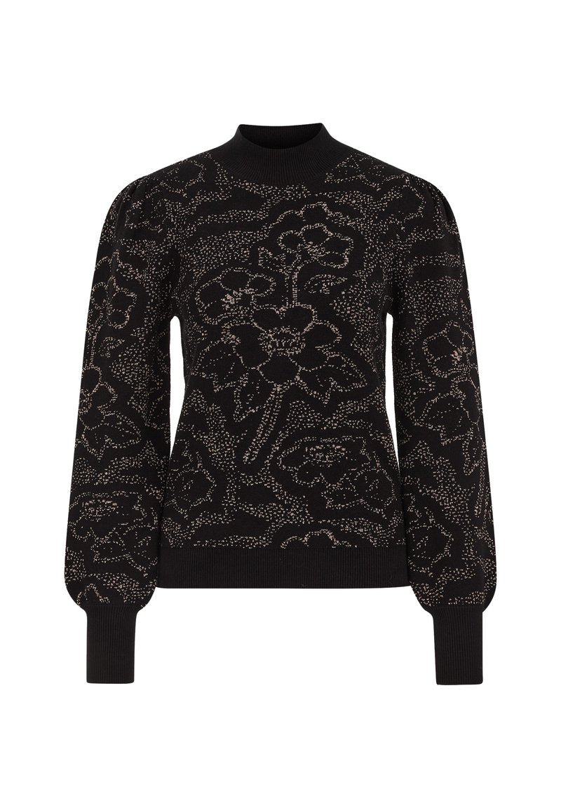 Schwarzer Pullover mit floralem Muster aus metallischem Garn. Hoher Kragen, lange Ärmel und gerippte Manschetten. Weiche Strickqualität.