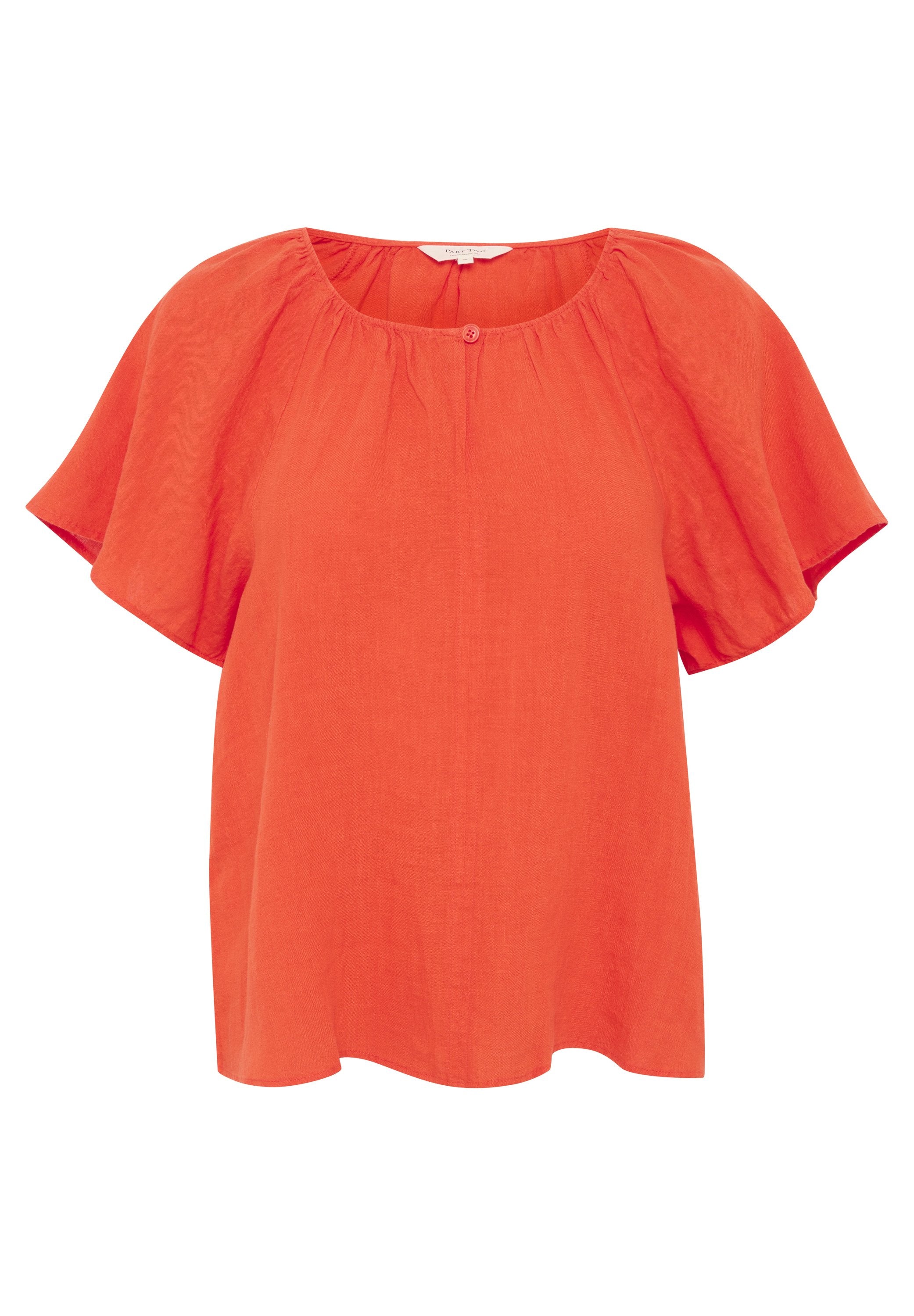 Orange Leinenbluse mit rundem Ausschnitt, kurzen Schmetterlingsärmeln und einem zentralen Knopfdetail. Sie hat eine lockere Passform und eine glatte Textur.