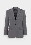 Grau strukturierter Blazer mit einer einzelnen Knopfverschlüssen, Reverskragen und zwei Vorderentaschen. Gefüttertes Innenfutter mit einem schwarzen Etikett.
