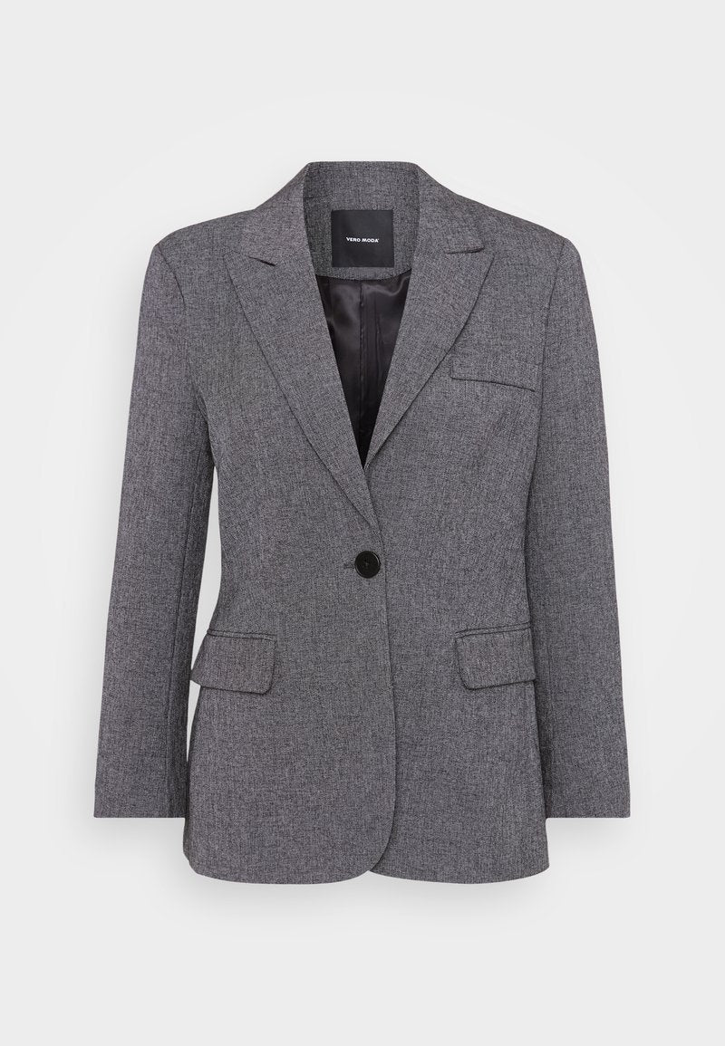 Grau strukturierter Blazer mit einer einzelnen Knopfverschlüssen, Reverskragen und zwei Vorderentaschen. Gefüttertes Innenfutter mit einem schwarzen Etikett.